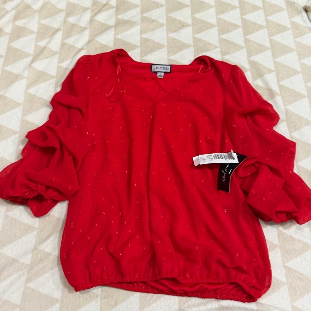 Sam & Jess red embellished neck blouse ruffle sleeves holiday